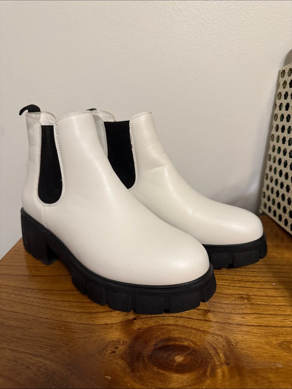 White Chelsea Platform Ankle Boots with Black Elastic Panels (never worn)
